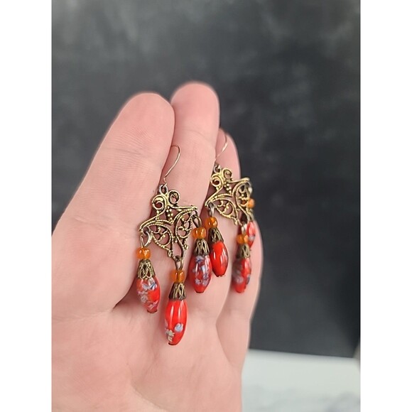 Glass Beaded Dangling Pierced Earrings Vintage - Picture 1 of 10